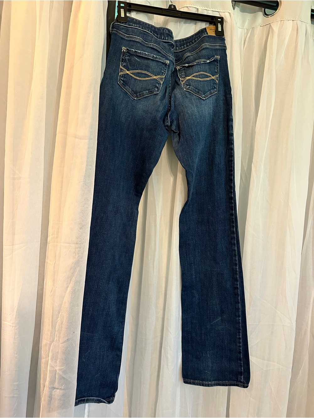 Abercrombie & Fitch Dark Blue Flare Jeans with Knee Distress - Picture 5 of 7